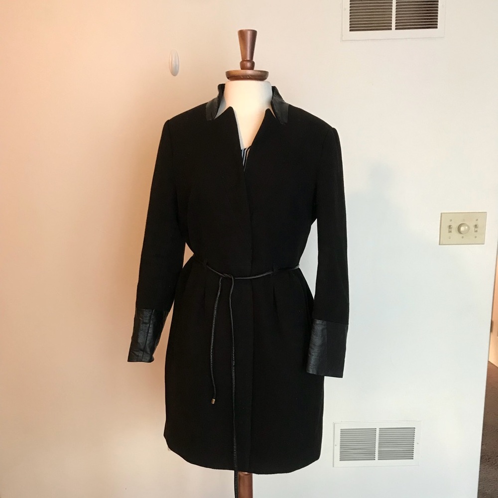 H&M Wool Coat W/Faux Leather Trimming Size 14